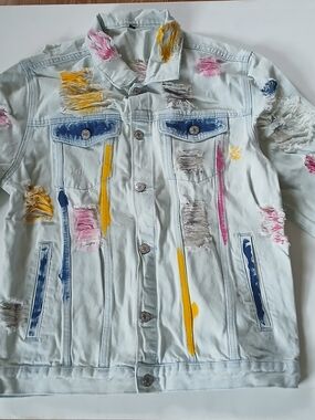 Paint-Splatter Distressed Light Wash Denim Jacket